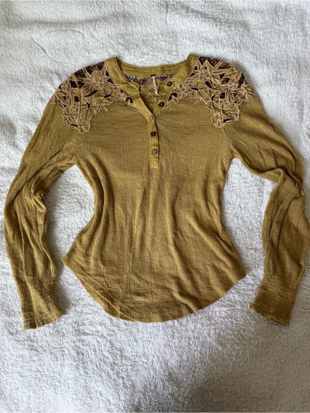 Free People Mustard Lace Embroidered Long Sleeve Henley